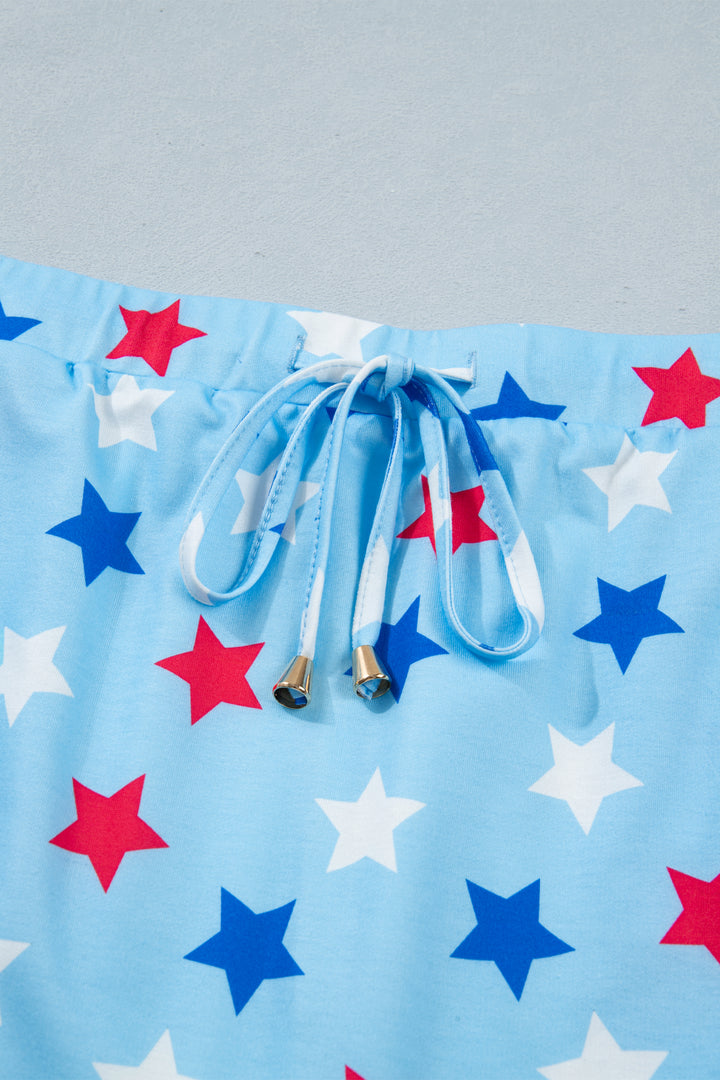 Sky Blue Patriotic Star Printed Beaded Drawstring Mini Skort