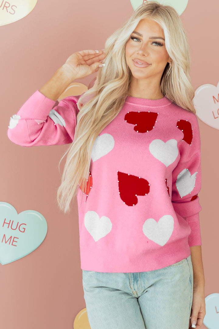 Pearl Embellished Heart Pattern Valentines Day Sweater