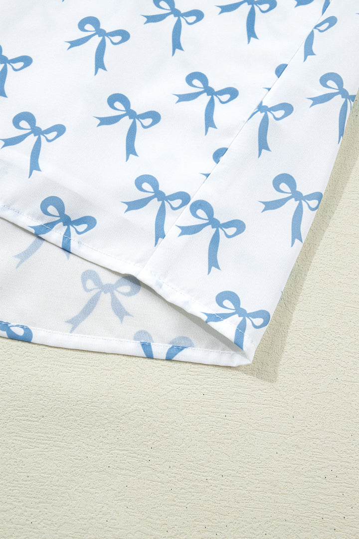 Sky Blue Ruffled Short Sleeve Plus Size Bow Top