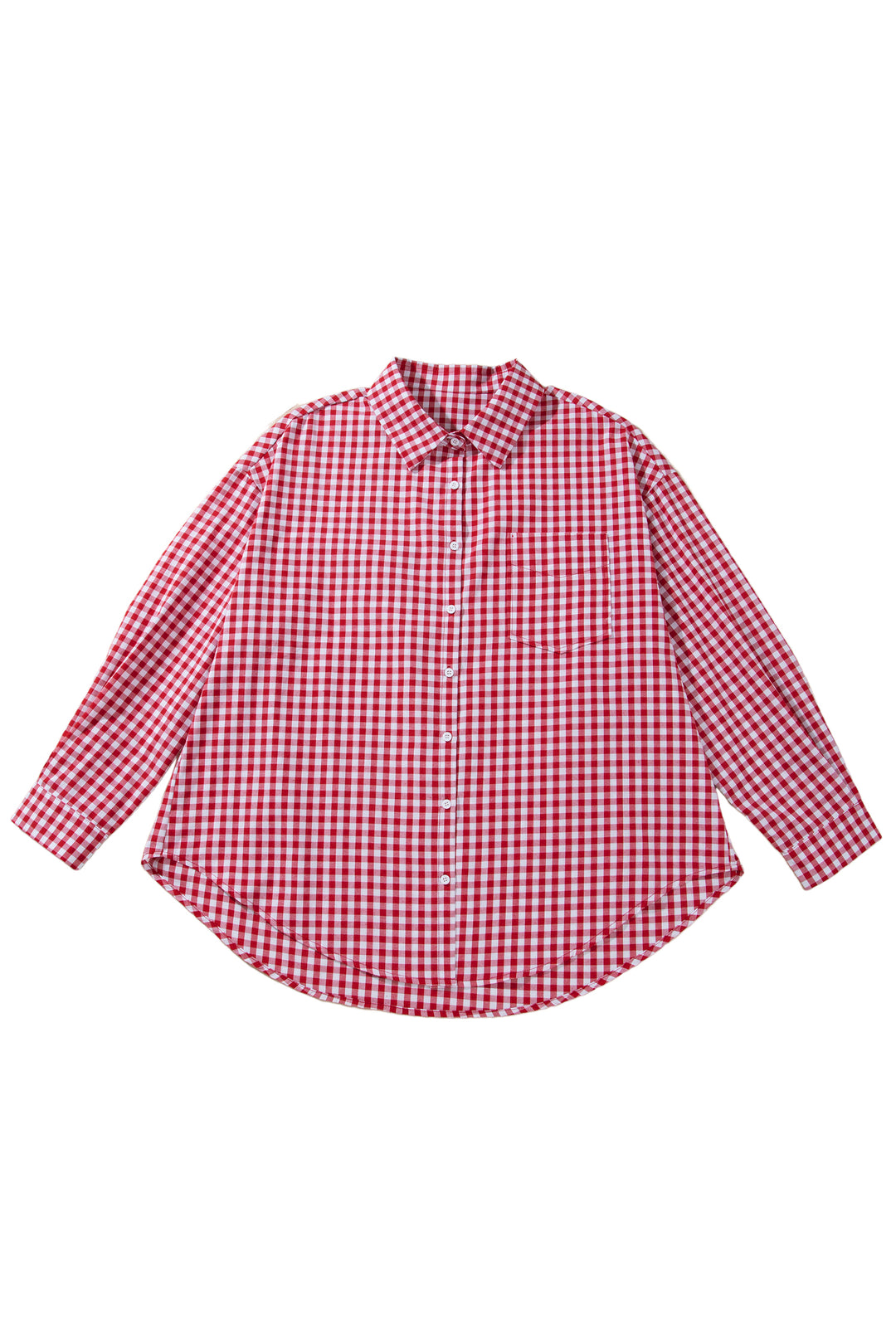 Red Plaid V Neck Long Sleeve Tunic Loose Fit Plus Size Shirt