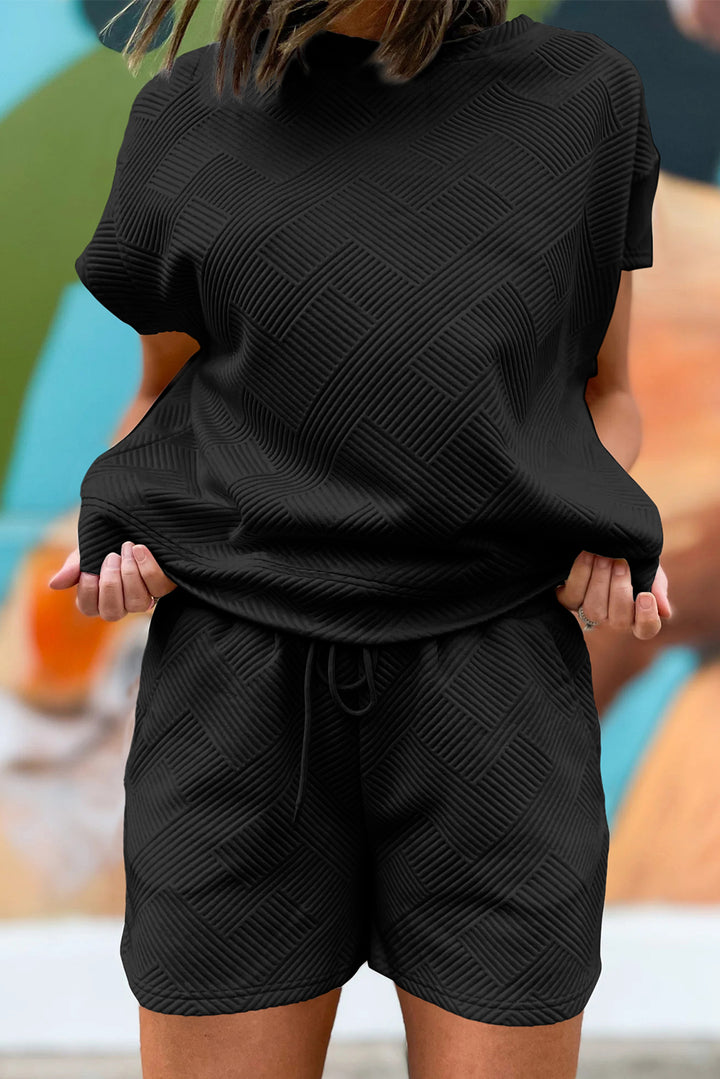 Black Textured Short Sleeve Top and Shorts Set