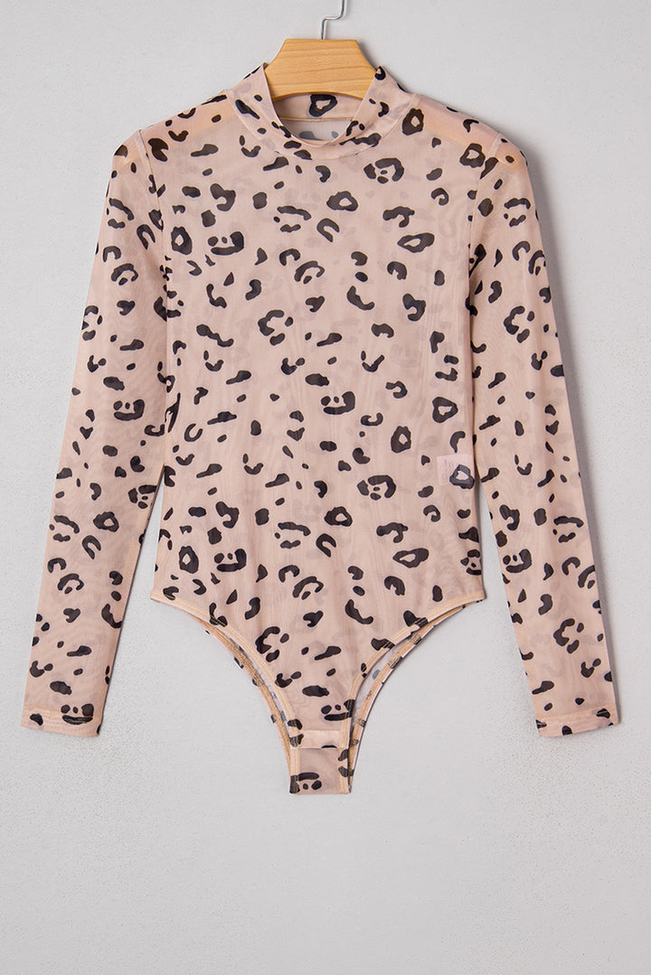 Mock Neck Sheer Mesh Leopard Long Sleeve Bodysuit