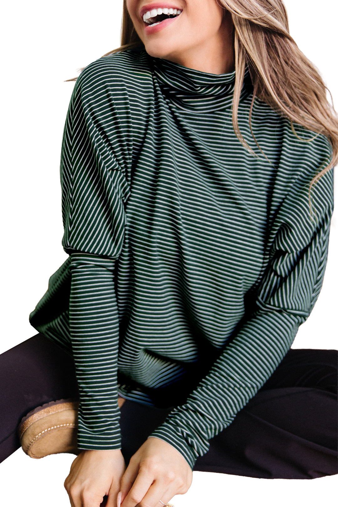Green Stripe High Neck Dropped Shoulder Long Sleeve Casual Top
