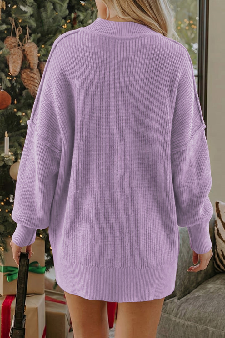Orchid Bouquet Ribbed Knit Stand Neck Regular Fit Pullover Sweater