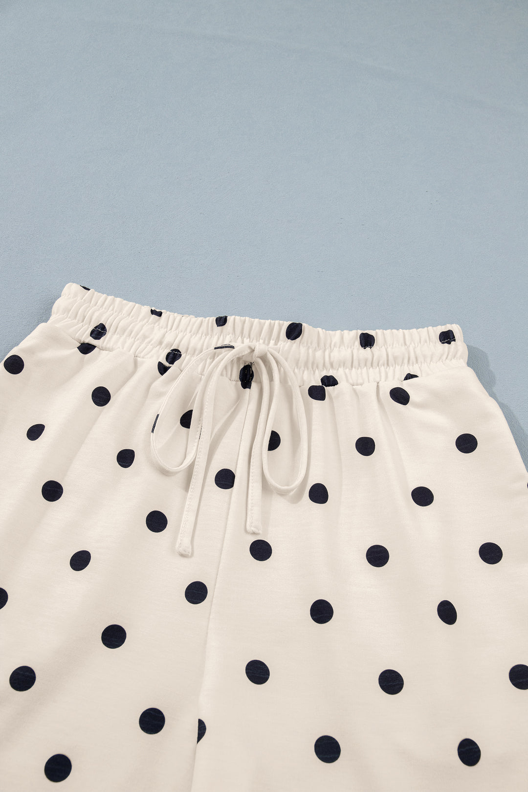 White Polka Dot Short Sleeve Loose Top Drawstring Shorts Set