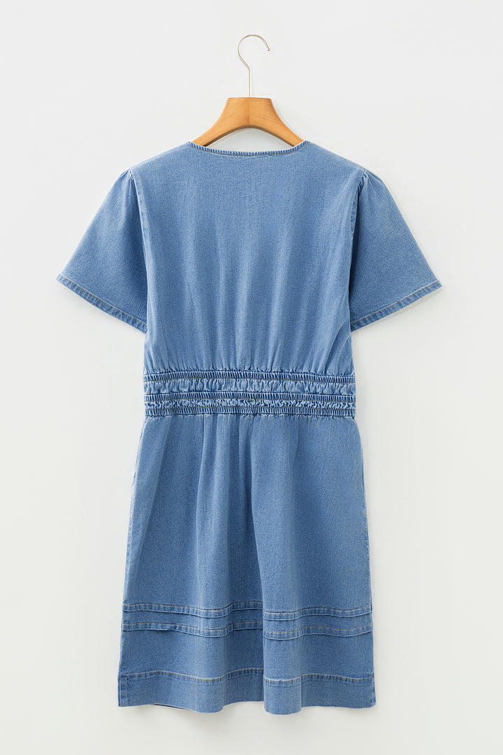 Elastic Waist Short Sleeve Denim Mini Dress