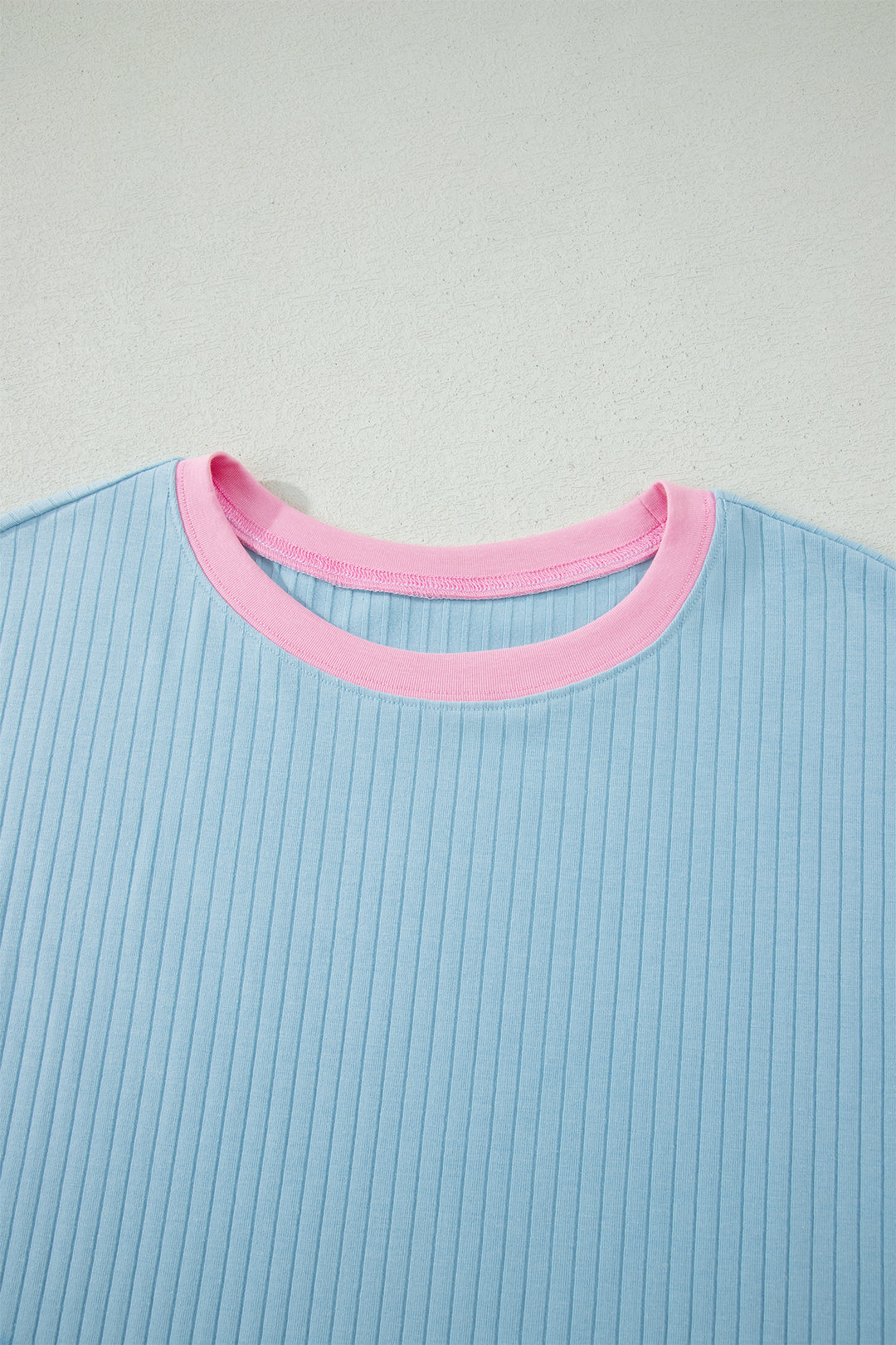 Mist Blue Soft Ribbed Color Block Trim Casual Short Set