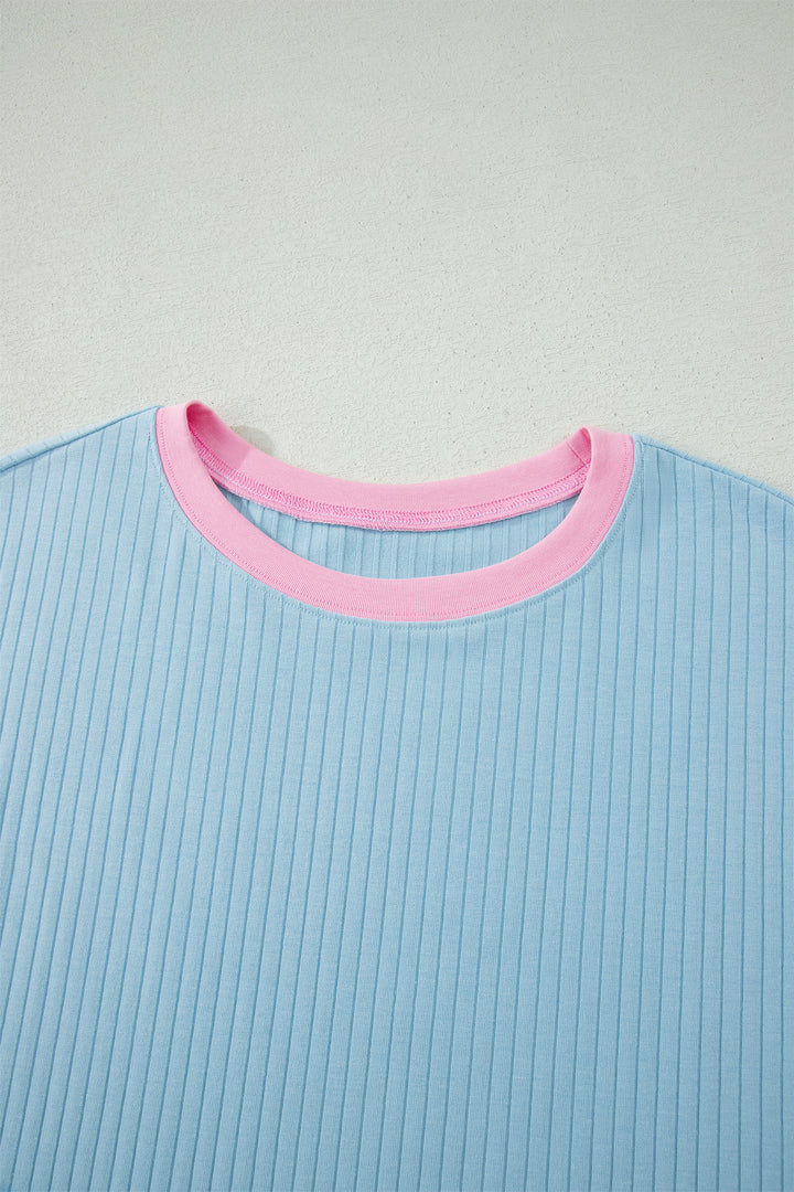 Mist Blue Soft Ribbed Color Block Trim Casual Short Set
