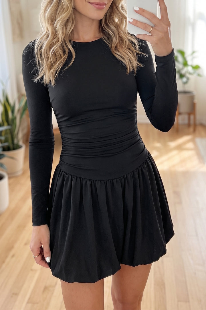 Black Solid Color Long Sleeve Bubble Hem Short Dress