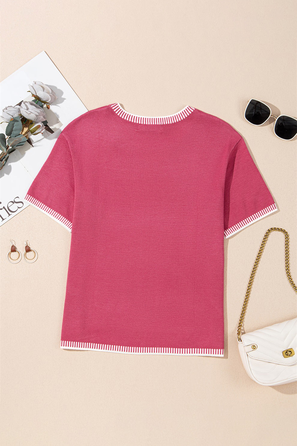Contrast Striped Trim Round Neck Half Sleeve Sweater