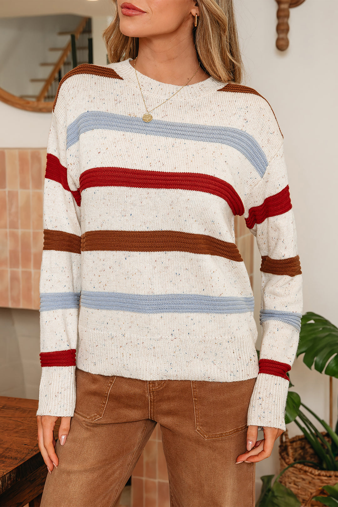 Exposed Seam Drop Shoulder Heathered Knit Sweater