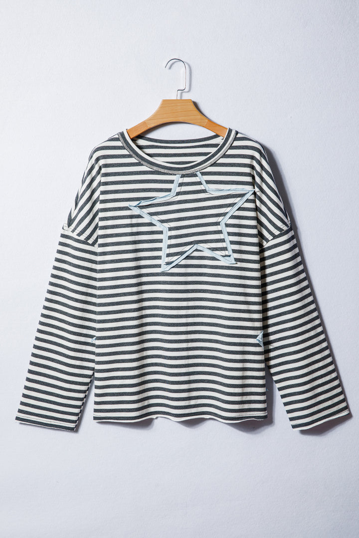 Gray Stripe Contrast Star Stitched Plus Size Long Sleeve Top