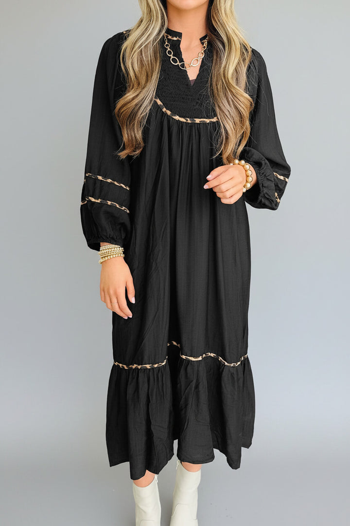 Black Contrast Leopard Trim Split Neck Long Sleeve Casual Midi Dress