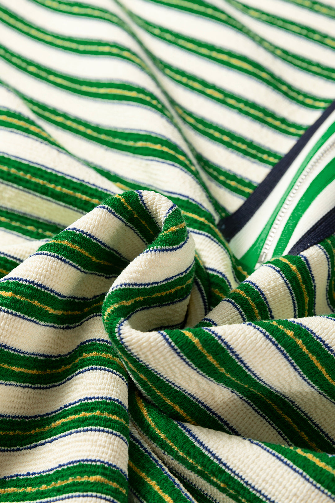 Dark Green Striped Print Contrast Collar Zip V Neck Long Sleeve Top