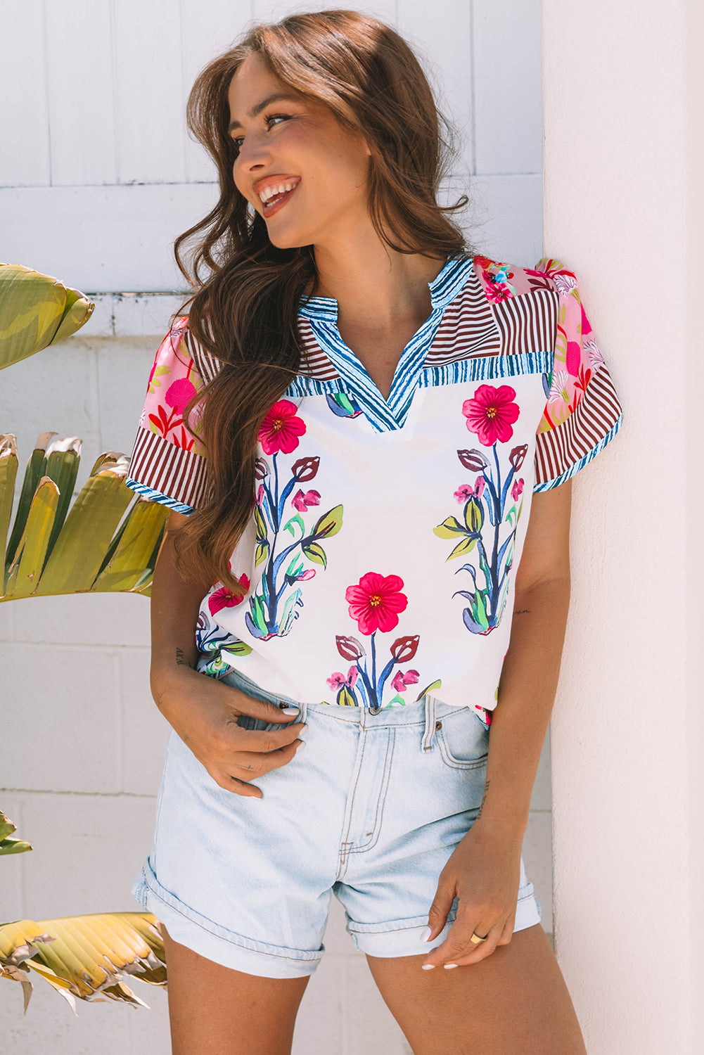 Floral Striped Patchwork Short Sleeve Split Neck Blouse