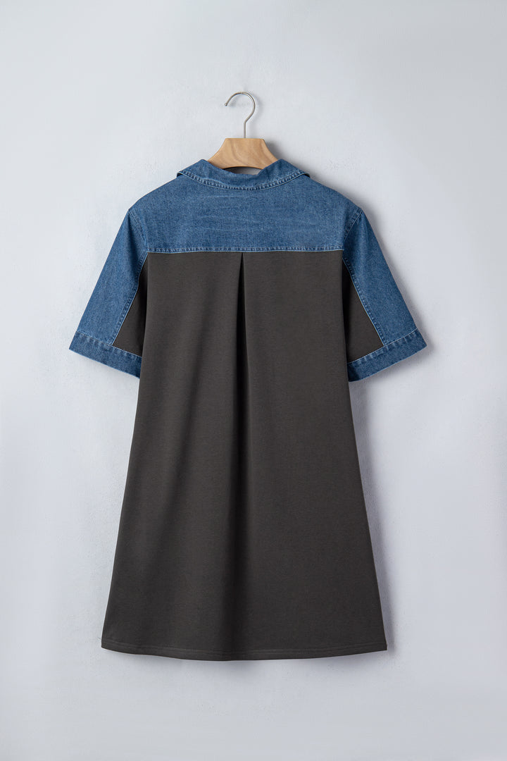 Carbon Grey Color Block Denim Patchwork Polo Collar T Shirt Shift Dress