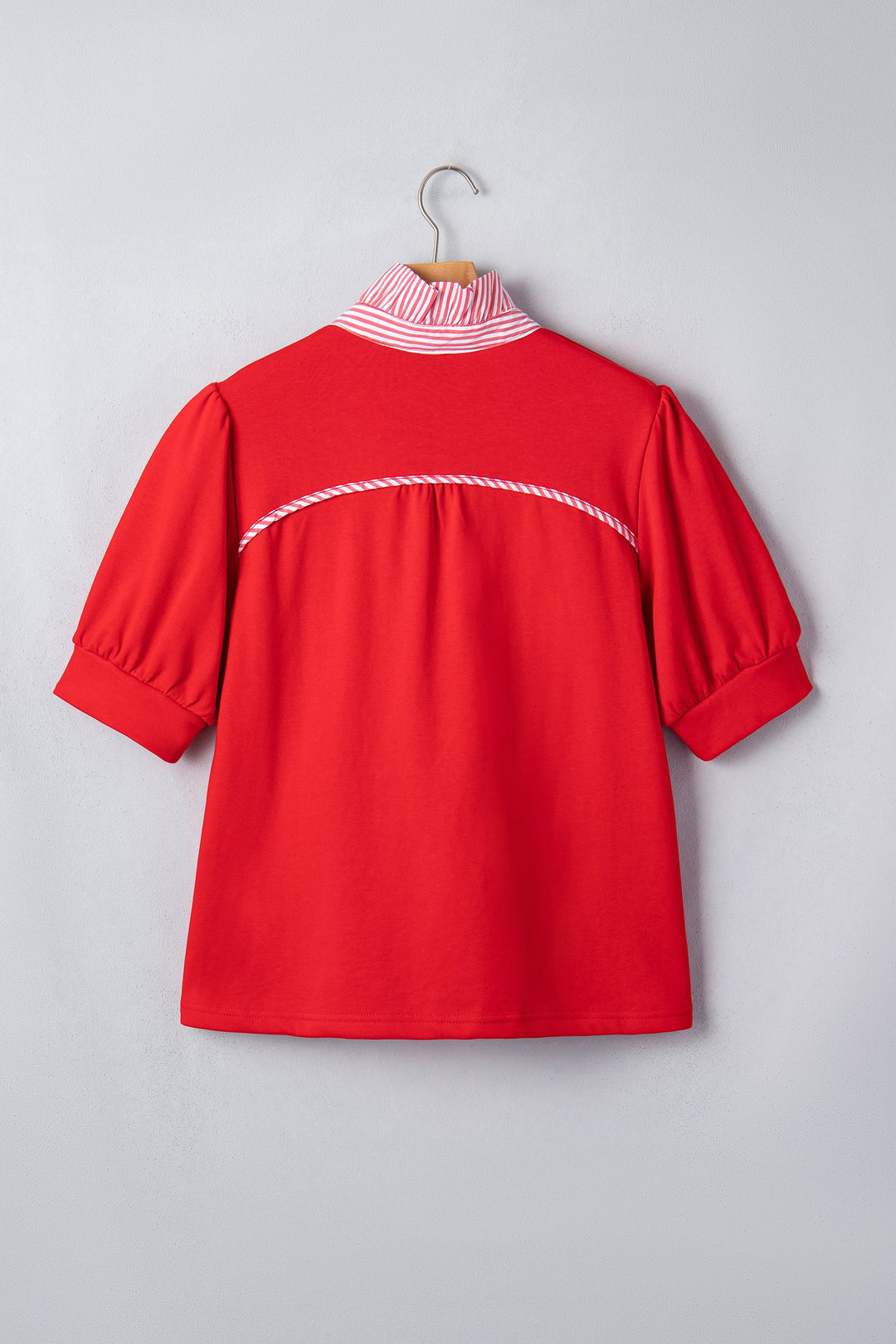 Fiery Red Striped Frilled Collar Short Sleeve Blouse