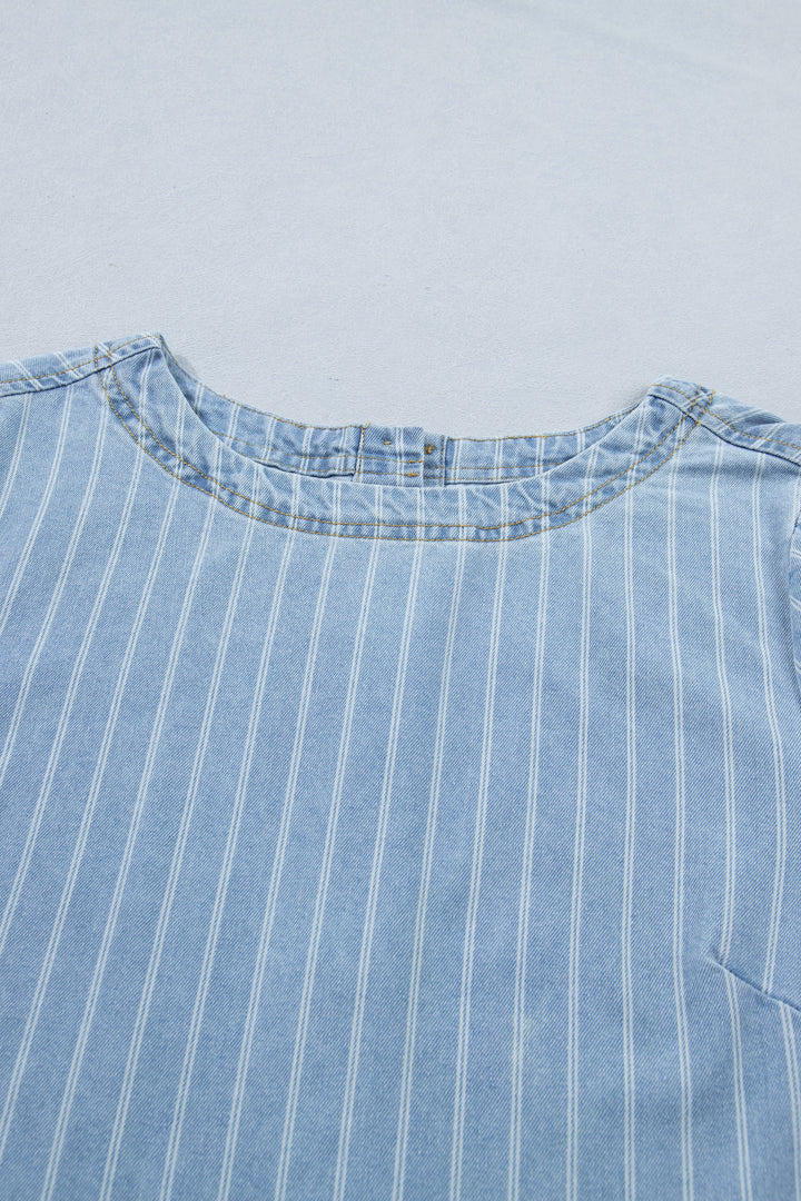 Sky Blue Stripe Buttoned Back T-Shirt Denim Mini Dress