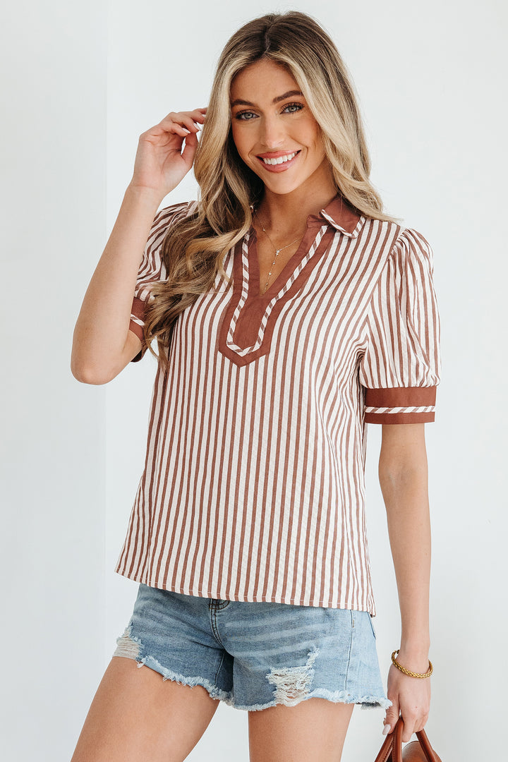 Collared Split Neck Short Bubble Sleeve Blouse