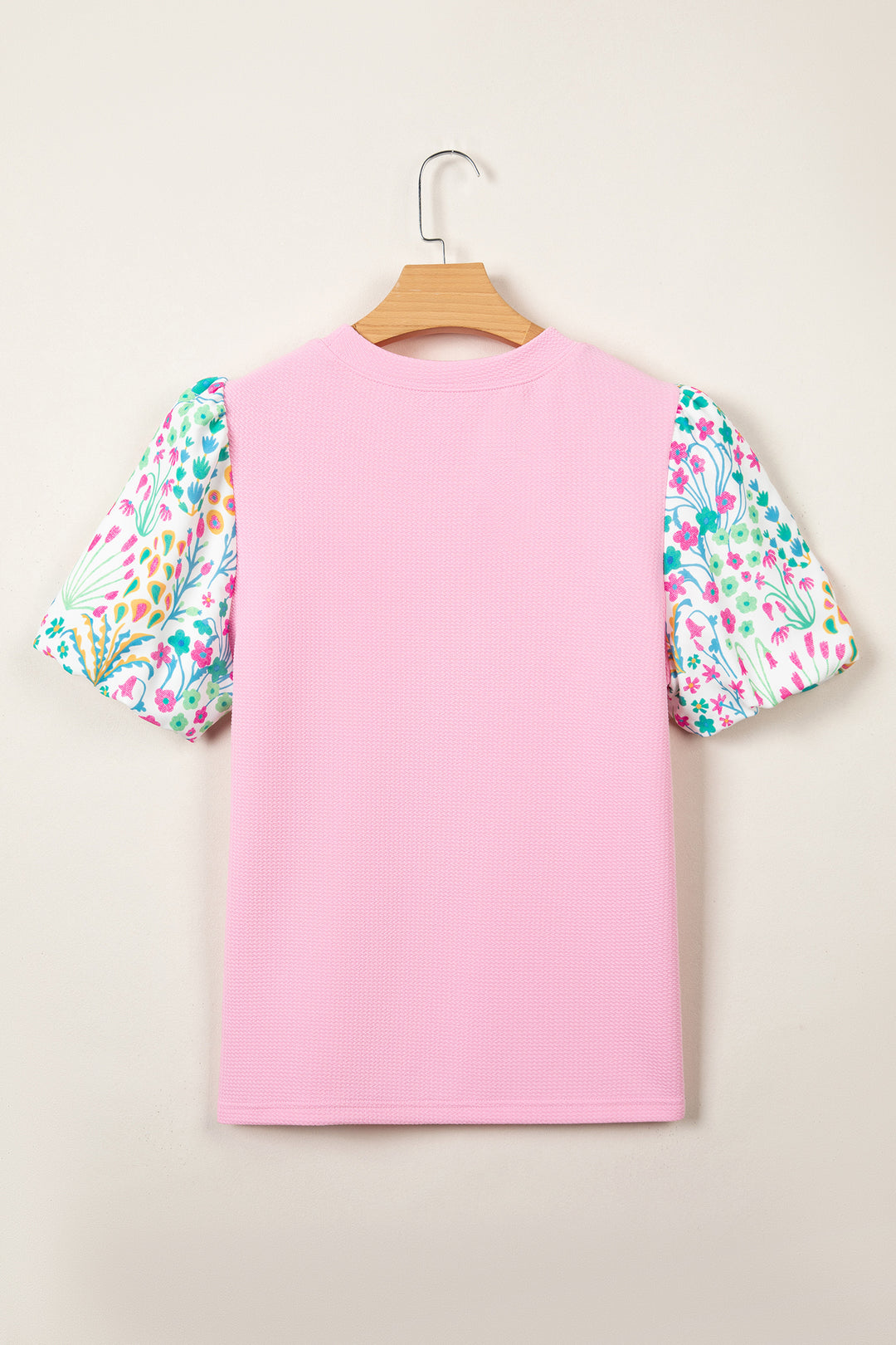Pink Round Neck Textured Contrast Floral Bubble Sleeve Blouse