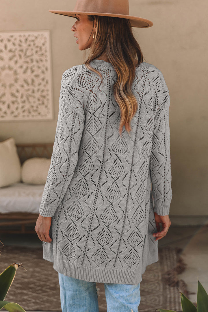 Gray Hollow-out Openwork Cotton Knit Cardigan