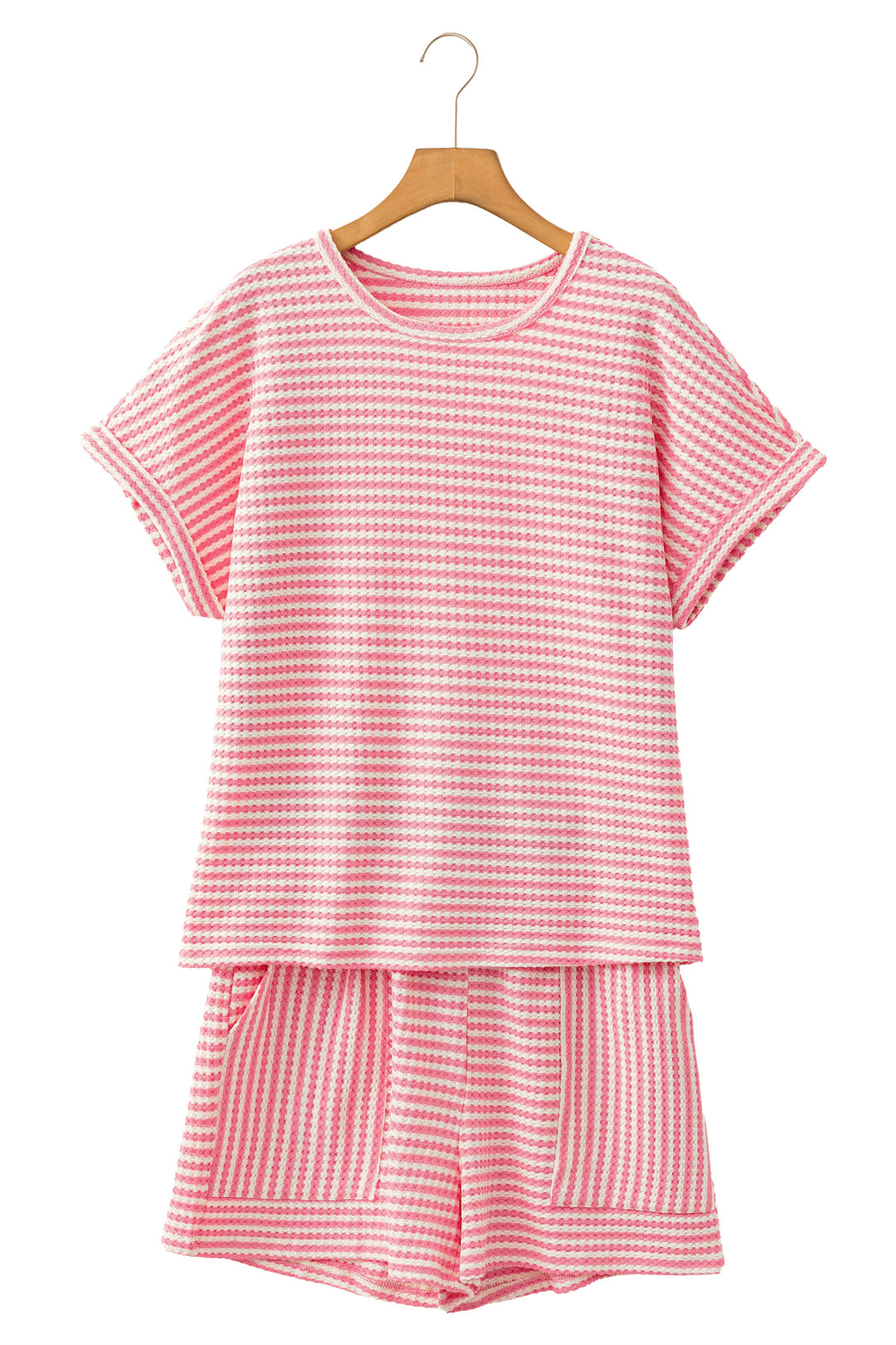 Pink Stripe Breathable Textured Knit Short 2pcs Set