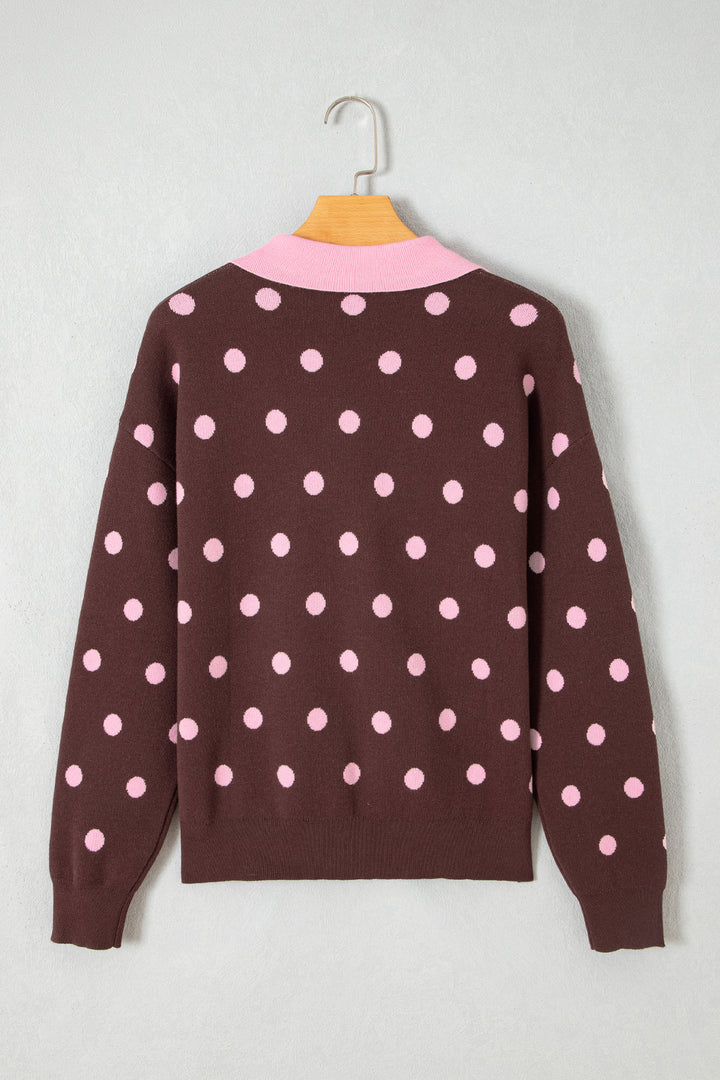 Pink Polka Dot Pattern Color Block Collared Loose Pullover Sweater
