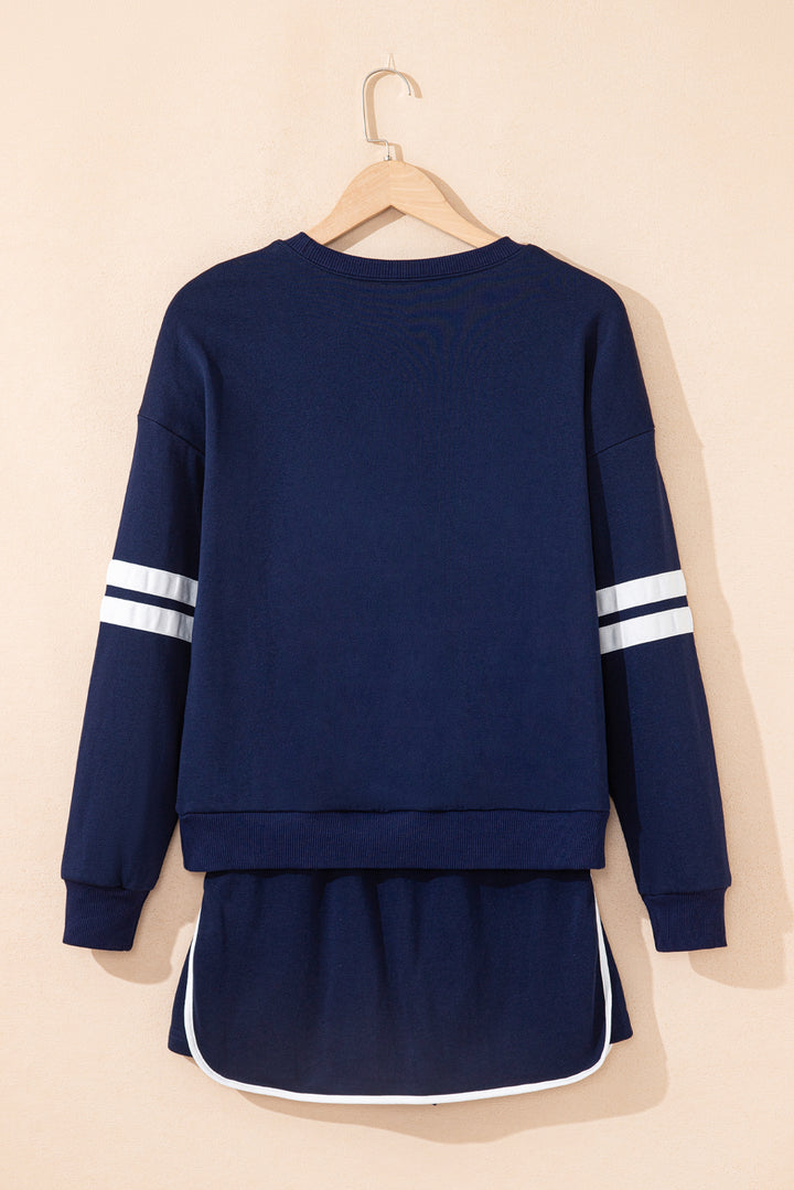 Navy Blue Varsity Stripe Detail Pullover Mini Skort Set