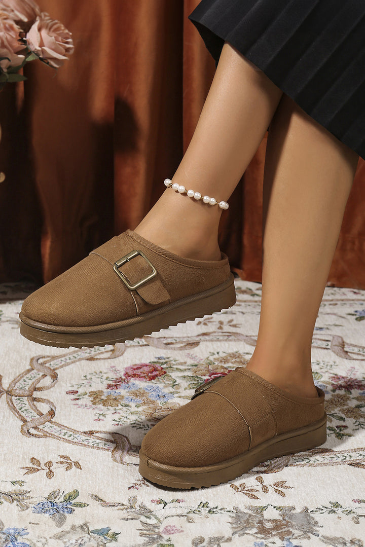 Faux Suede Buckle Strap Detail Winter Clog Slippers
