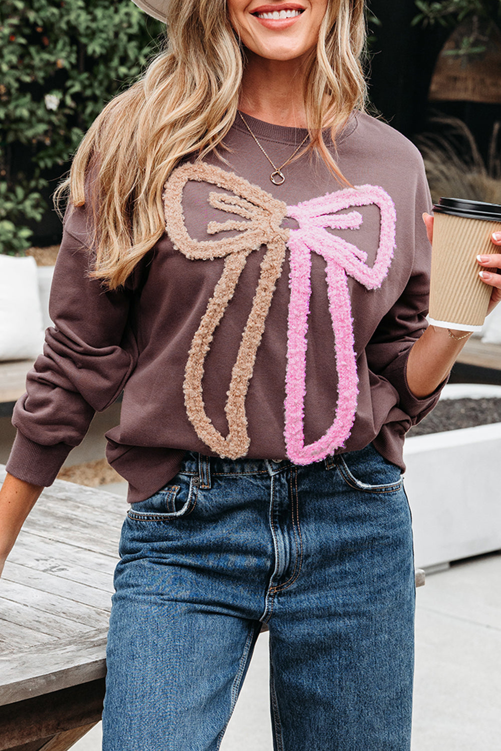 Contrast Terry Bow Pattern Drop Shoulder Sweatshirt