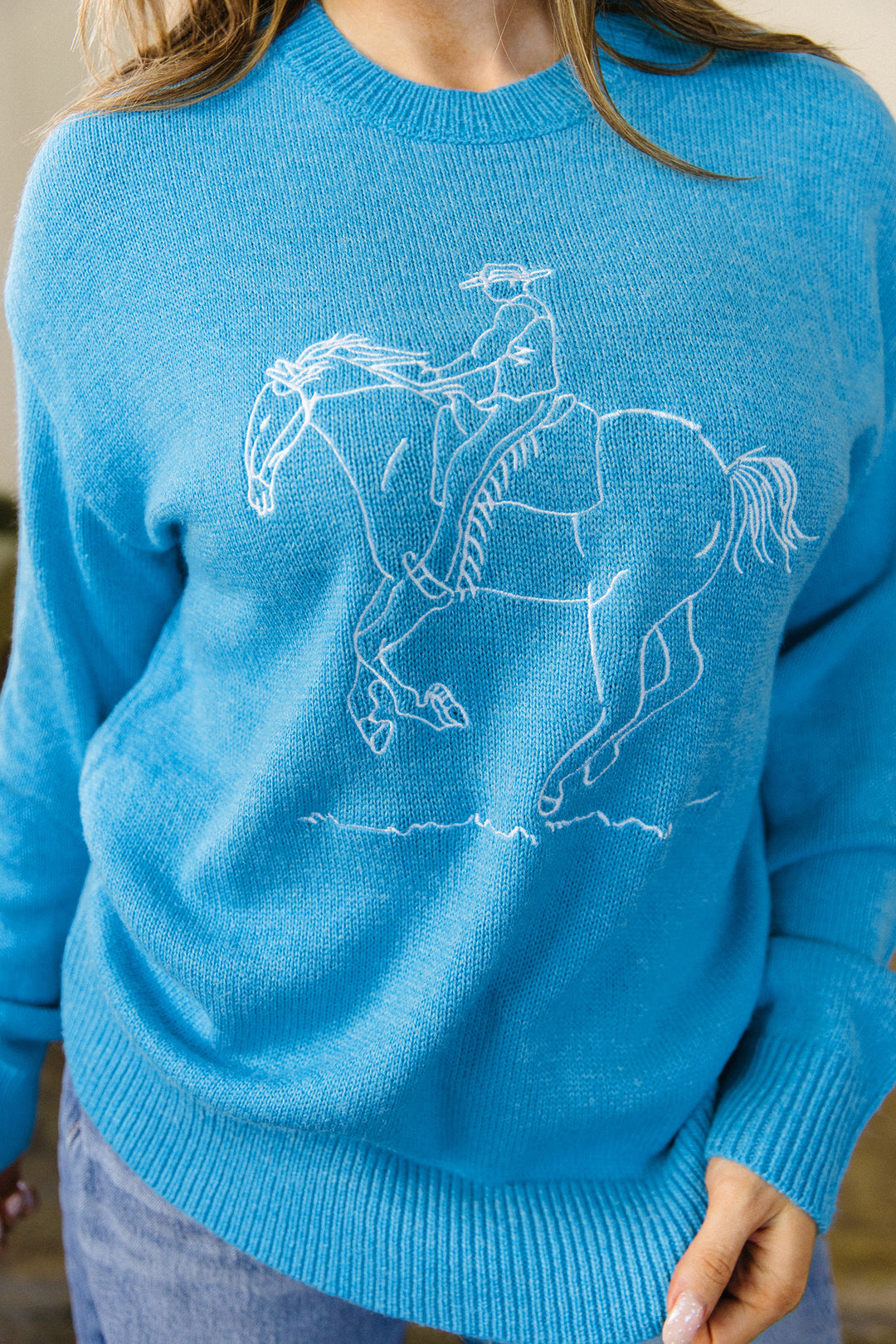 Sky Blue Western Embroidery Drop Shoulder Pullover Sweater
