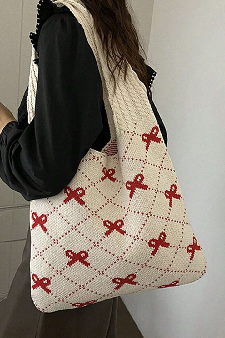 Bow Argyle Pattern Cable Knit Handle Tote Bag