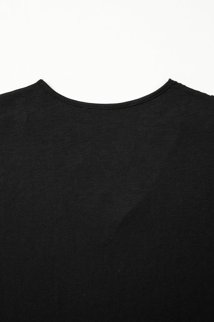 Black Cutout Embroidered Trim V Neck Cap Sleeve Tee