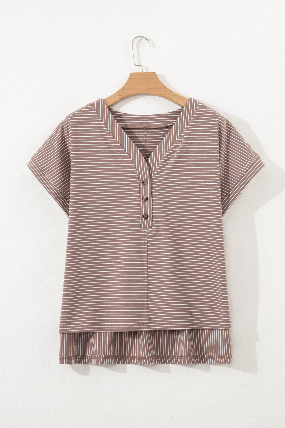 Buttoned V Neck High Low Side Slit T Shirt