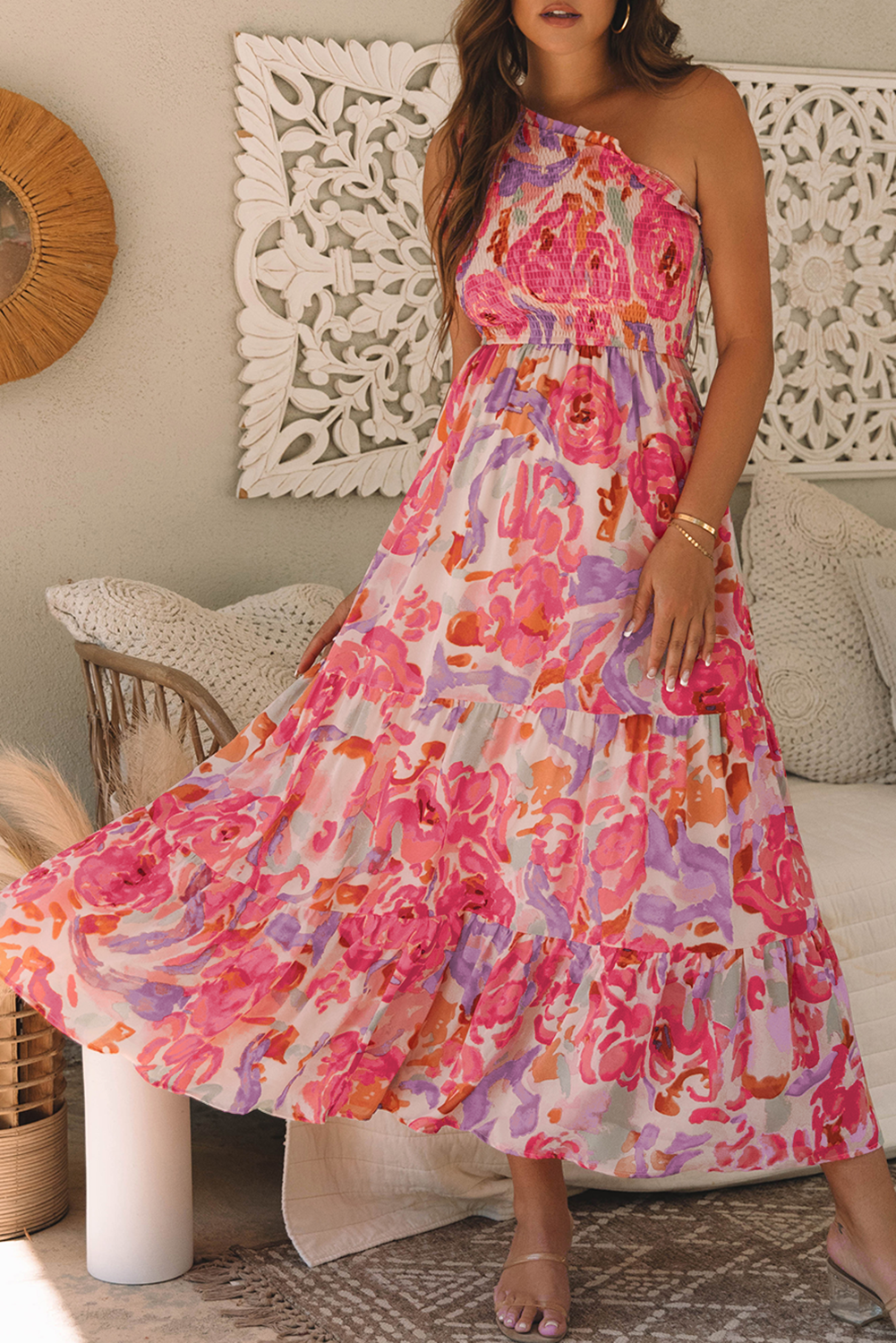 Abstract Floral Print Shirred One Shoulder Maxi Dress