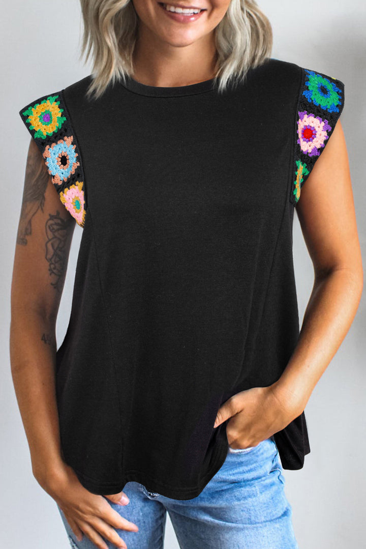 Floral Crochet Patched Sleeve Crew Neck Casual Tank Top
