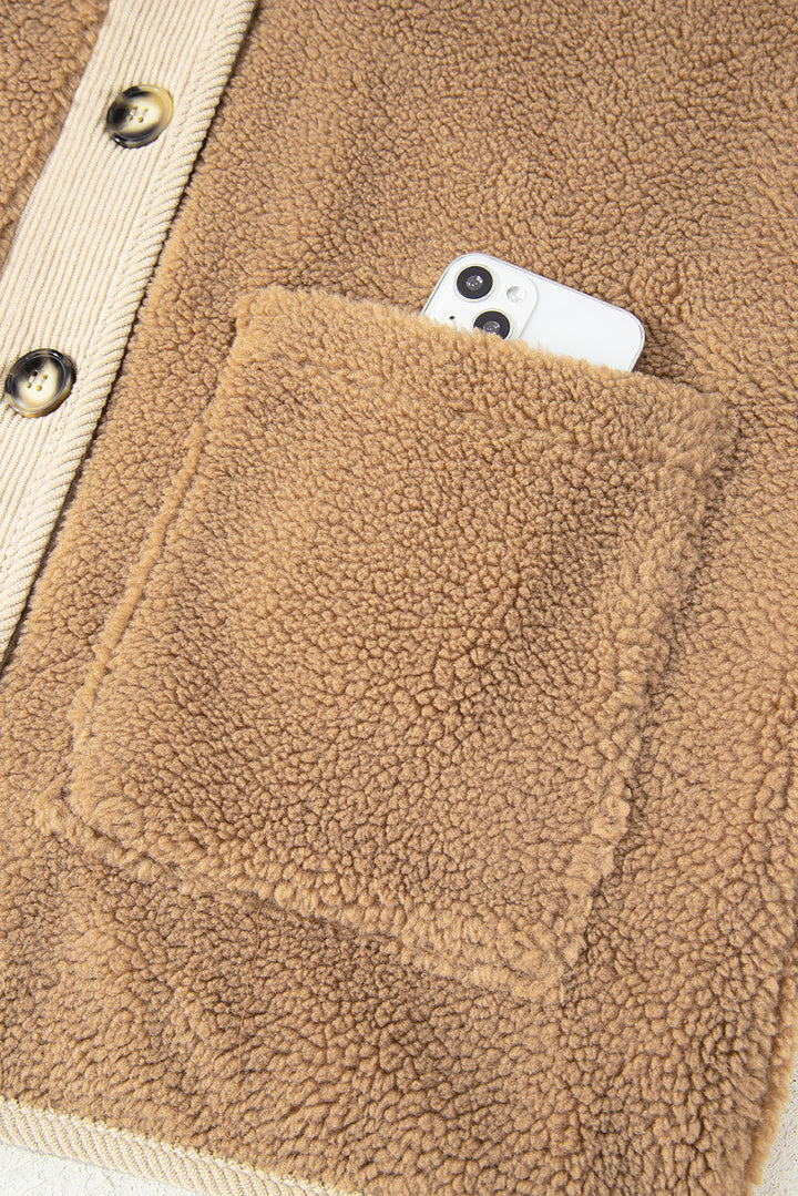 Light French Beige Puffy Plush Corduroy Edge Jacket with Big Pockets