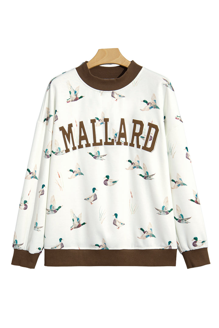 Beige Western Mallard Letter Print Baggy Pullover Sweatshirt