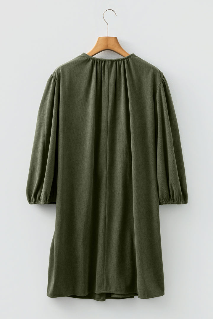 Bracelet Sleeve Split Neck Scallop Detail Pleated Corduroy Mini Dress