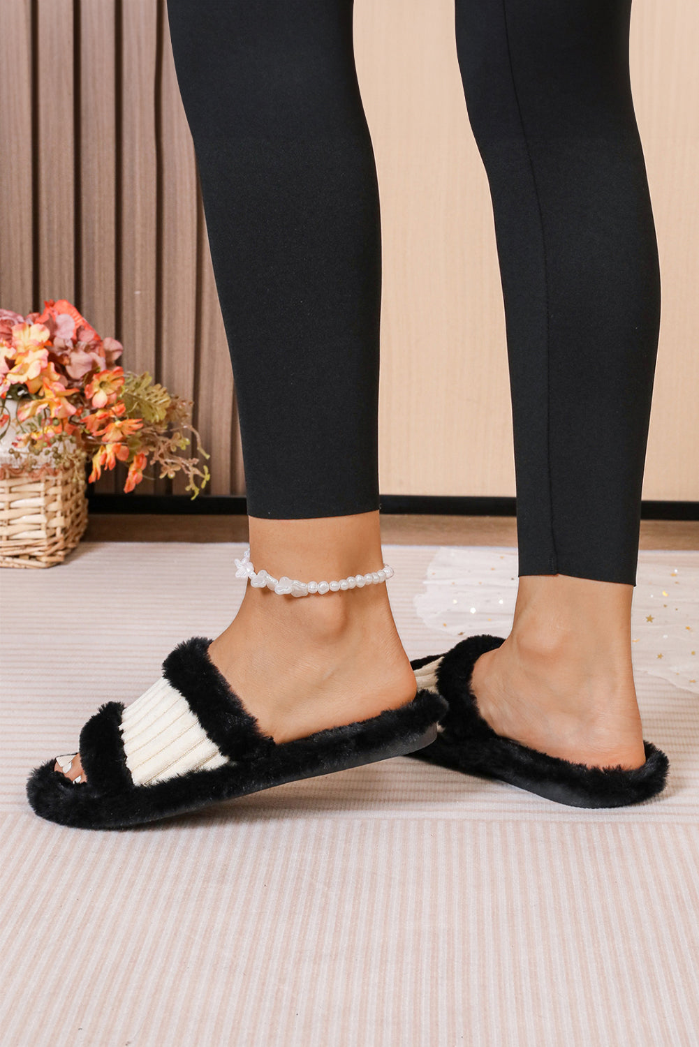 Plush Color Block Contrast Ribbed Patchwork Winter Slippers