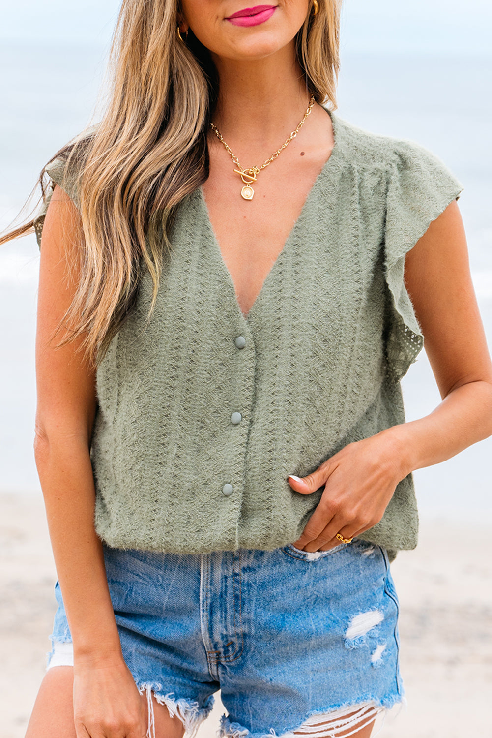 flutter sleeve lace v neck shirt
