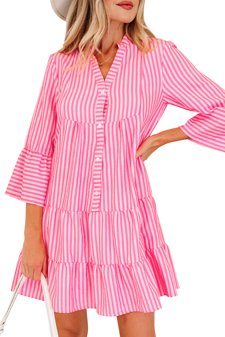 Flare Sleeve Half Placket Tiered Flowy Mini Dress