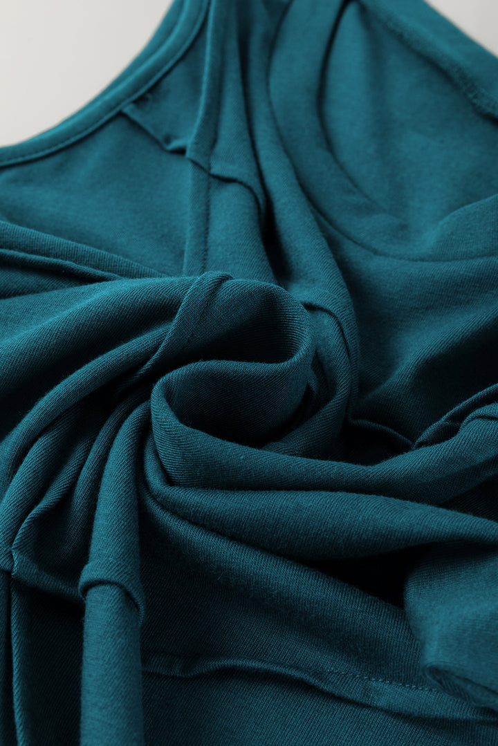 Blue Sapphire Solid Color Stitching Detail Round Neck Tank Top