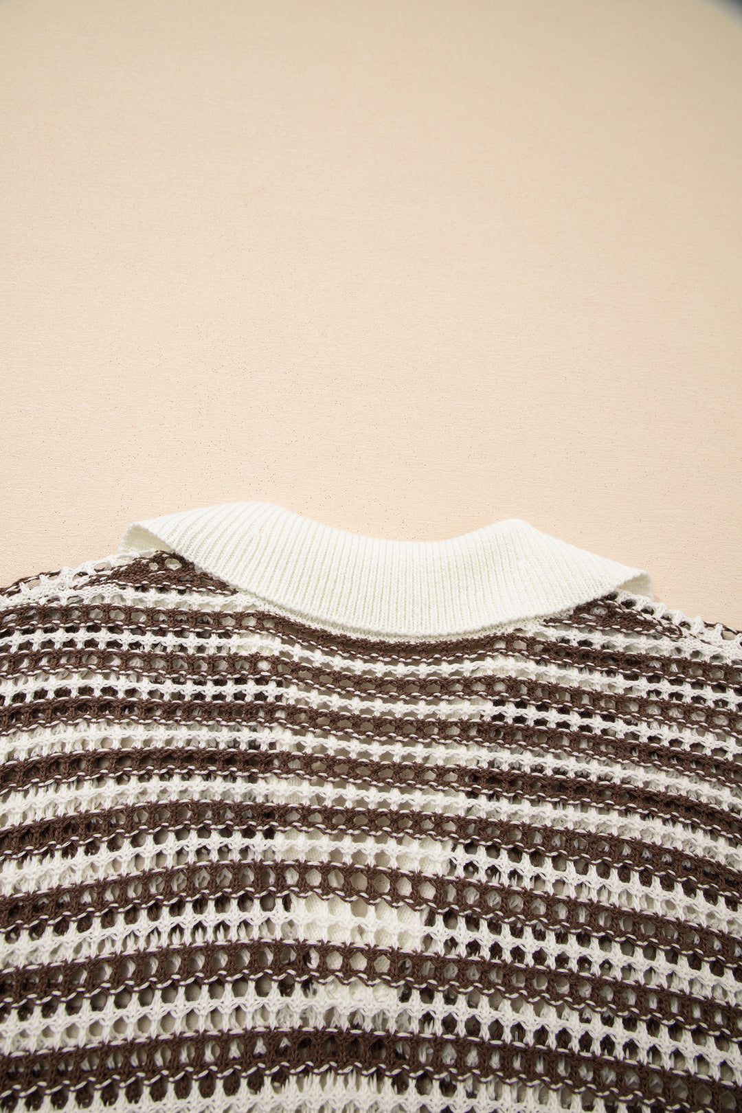 Eyelet Hollow-out Contrast Collared Pullover Chic Sweater