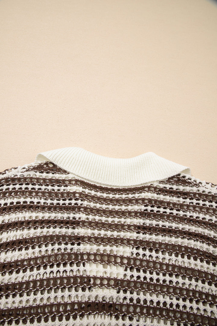 Eyelet Hollow-out Contrast Collared Pullover Chic Sweater
