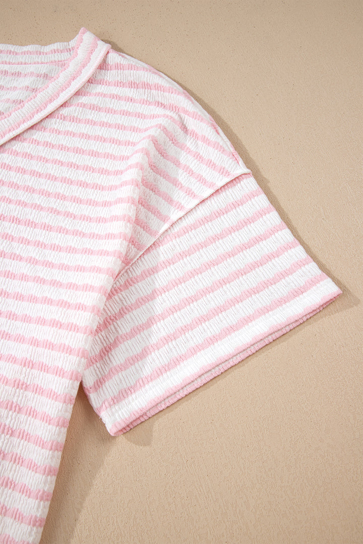 Pink Stripe Plus Size V Neck Exposed Seam Patchwork T Shirt