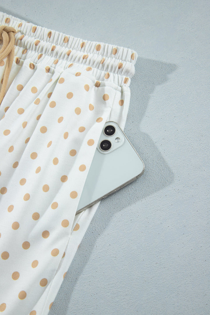 Khaki Polka Dot Patchwork Colorblock Long Sleeve Casual Two Piece Pants Set