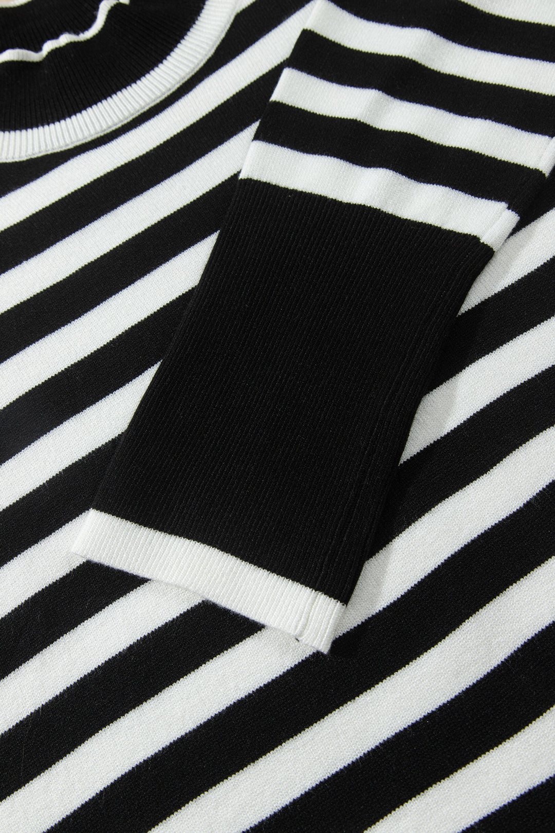 Black Striped High Neck Contrast Ruffle Detail Casual Sweater