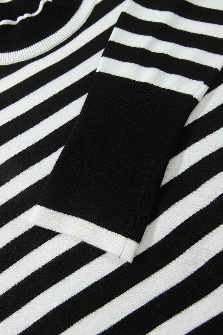 Black Striped High Neck Contrast Ruffle Detail Casual Sweater