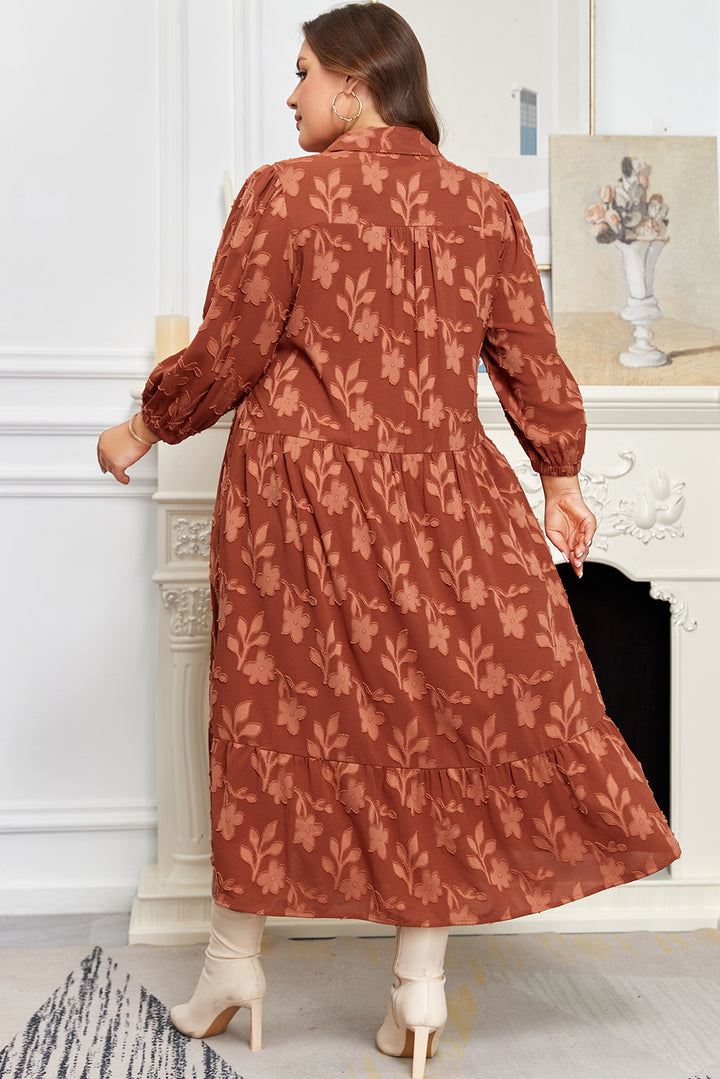 Cinnamon Plus Size Textured 3D Flower Pattern Ruffle Hem Long Dress
